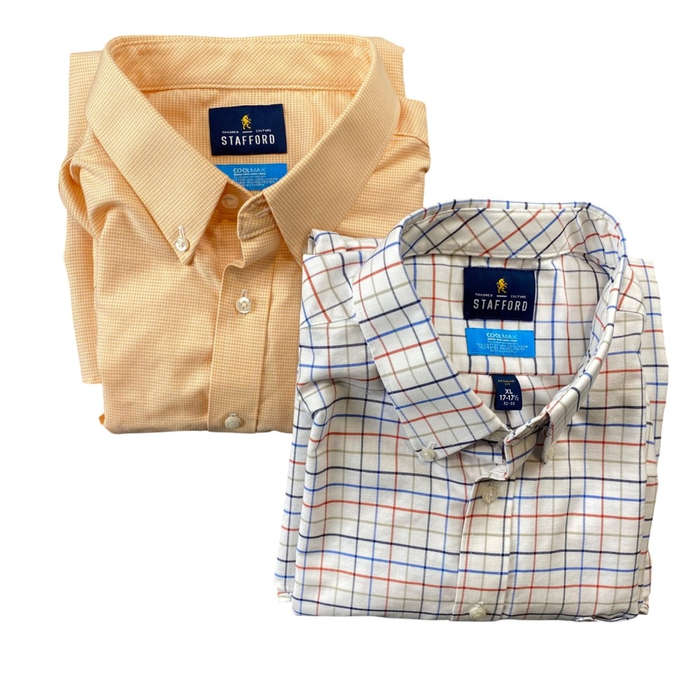 Stafford Coolmax Dress Shirts Mens XL 17 17.5 Lot of 2, Plaid & Yellow Reg Fit